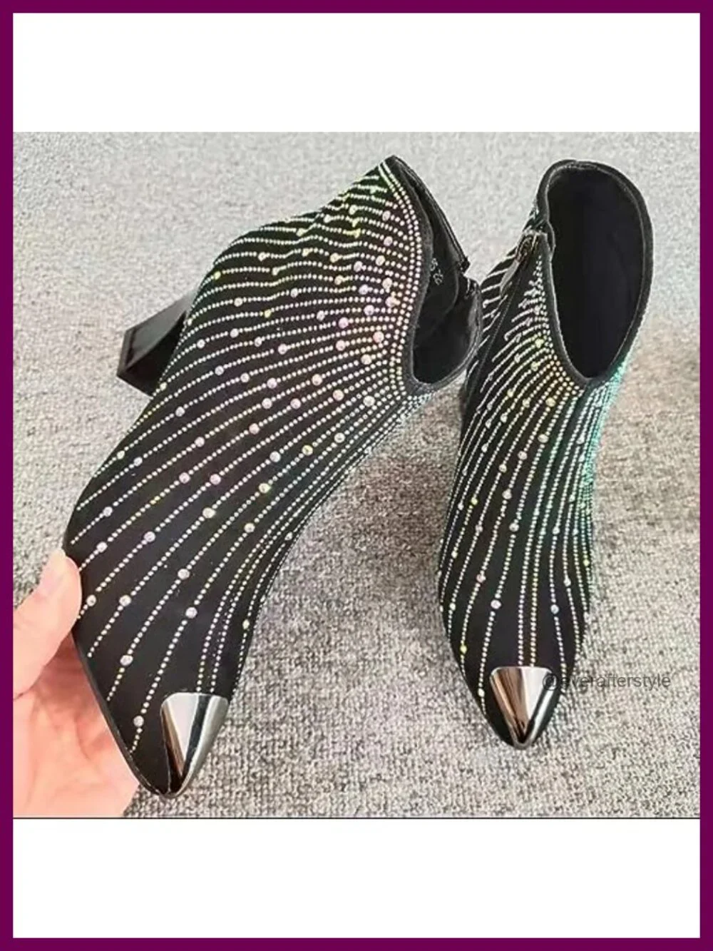 Women's Rhinestone Pointed Toe Chunky Heel Booties with Side Zipper
